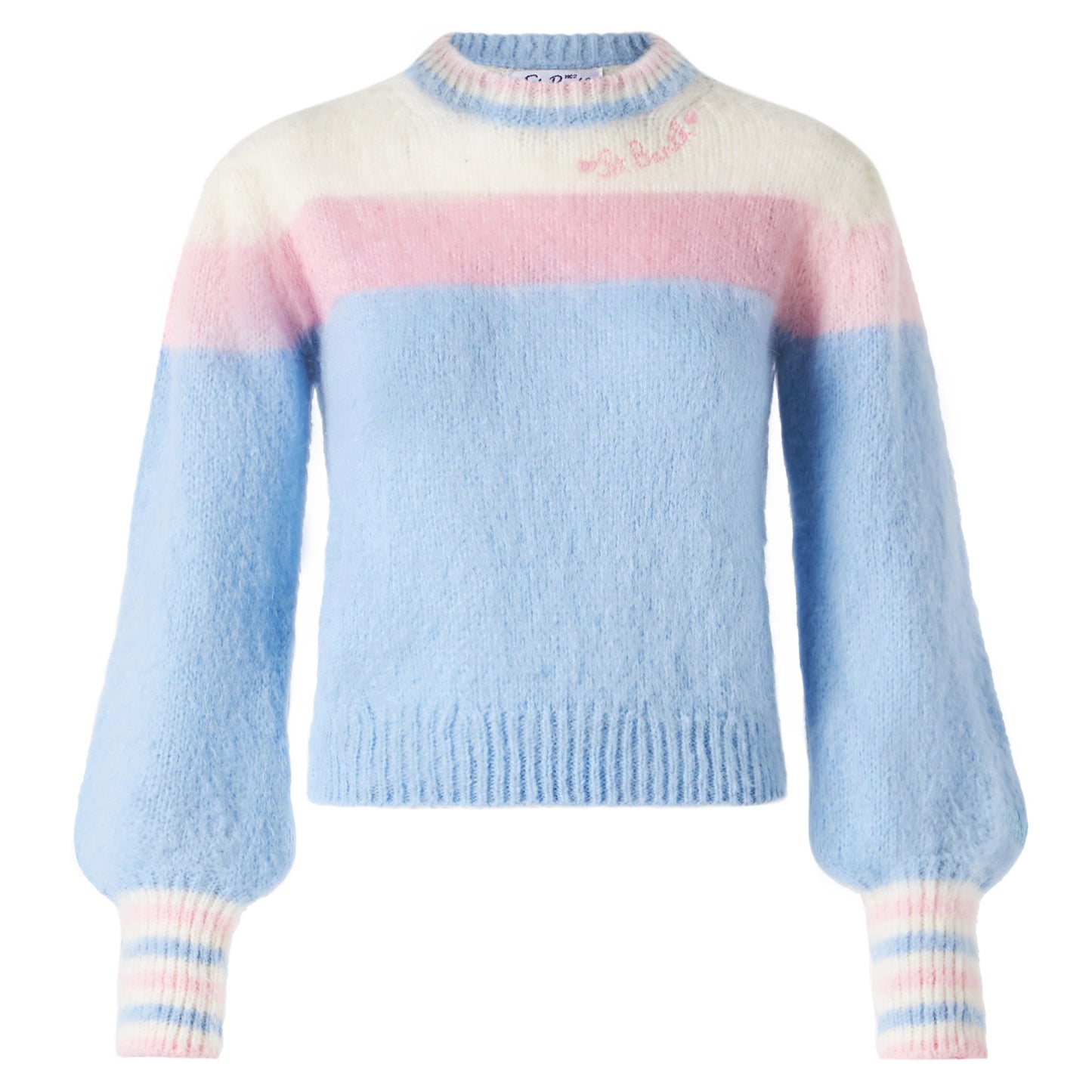 Maglione in misto alpaca garzato con maniche a sbuffo e ricamo St. Barth