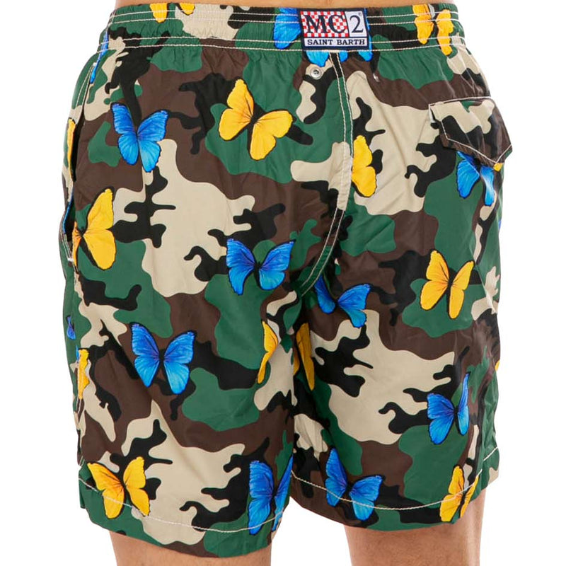 Light fabric man swim shorts butterfly and camouflage print