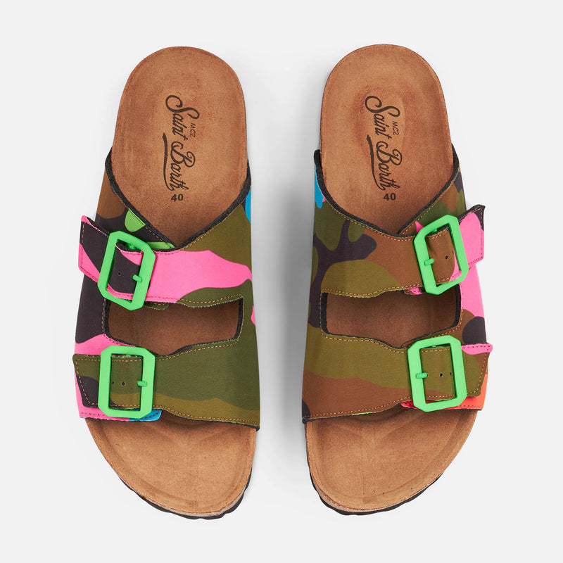 Sandals with multicolor fluo camouflage print