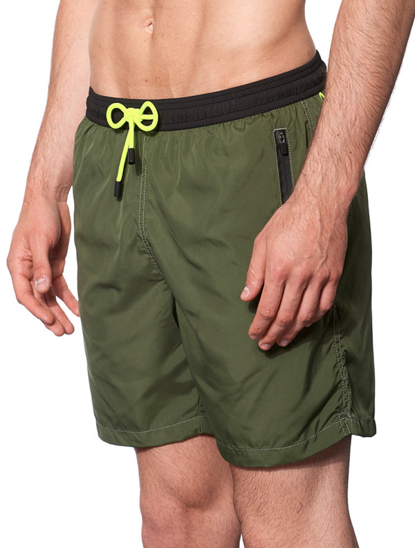 Dark green light fabric zipped swim shorts