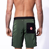 Military green swim shorts with contrast lateral band