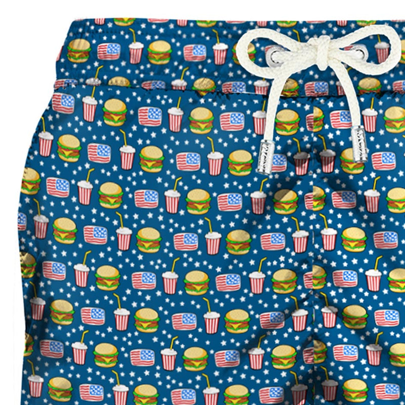 Herren-Badeshorts aus leichtem Stoff mit Fast-Food-Print