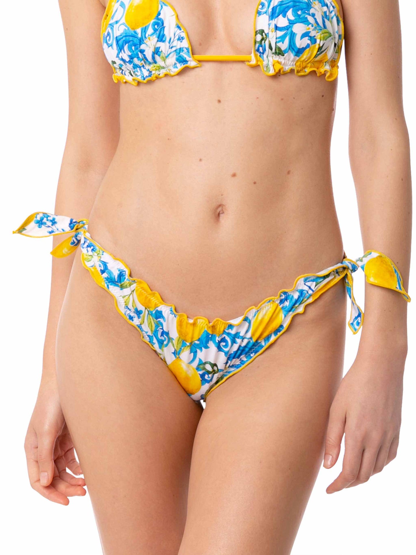 Woman ruffled cheeky swim briefs with print