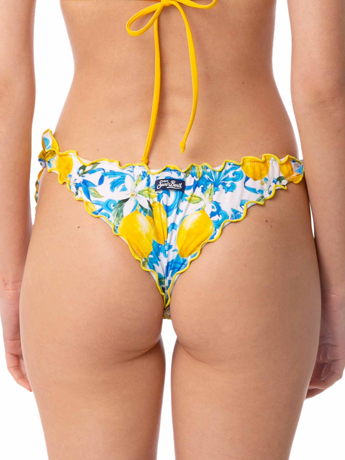 Woman ruffled cheeky swim briefs with print