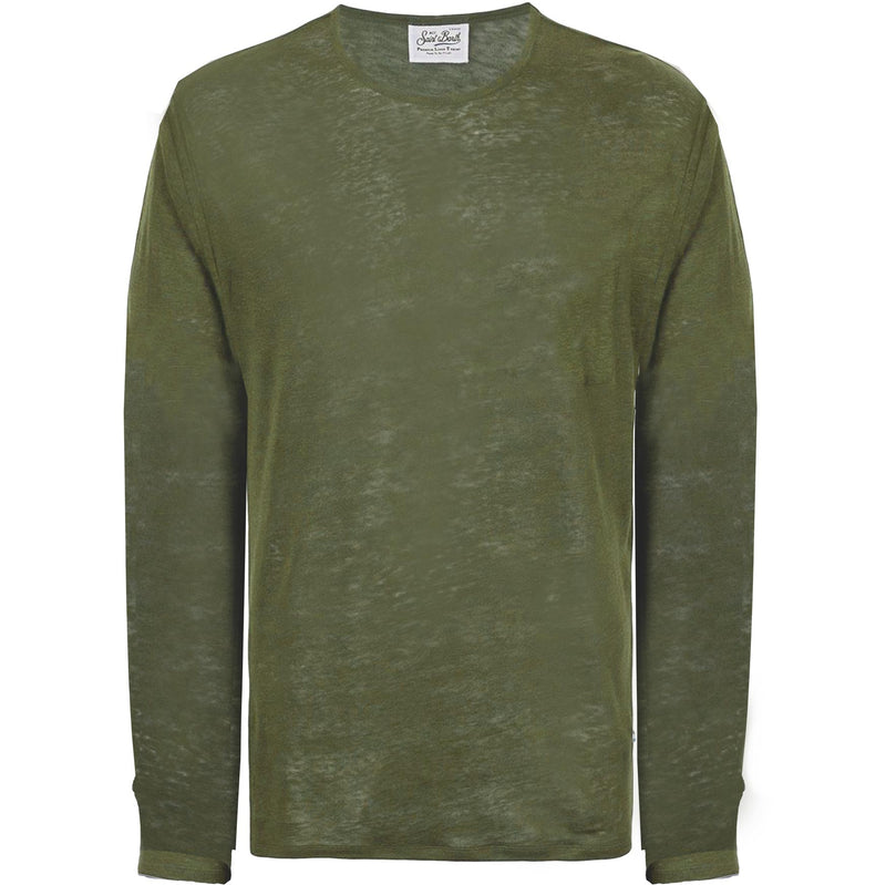 Military green Linen Man T-Shirt long sleeves