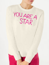 Woman white sweater You are a (Ba)star(d) embroidery