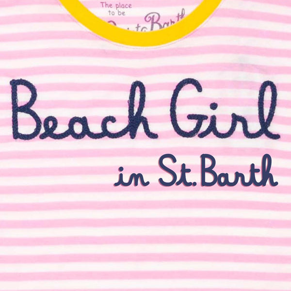 T-shirt a righe rosa con Beach Girl ricamata