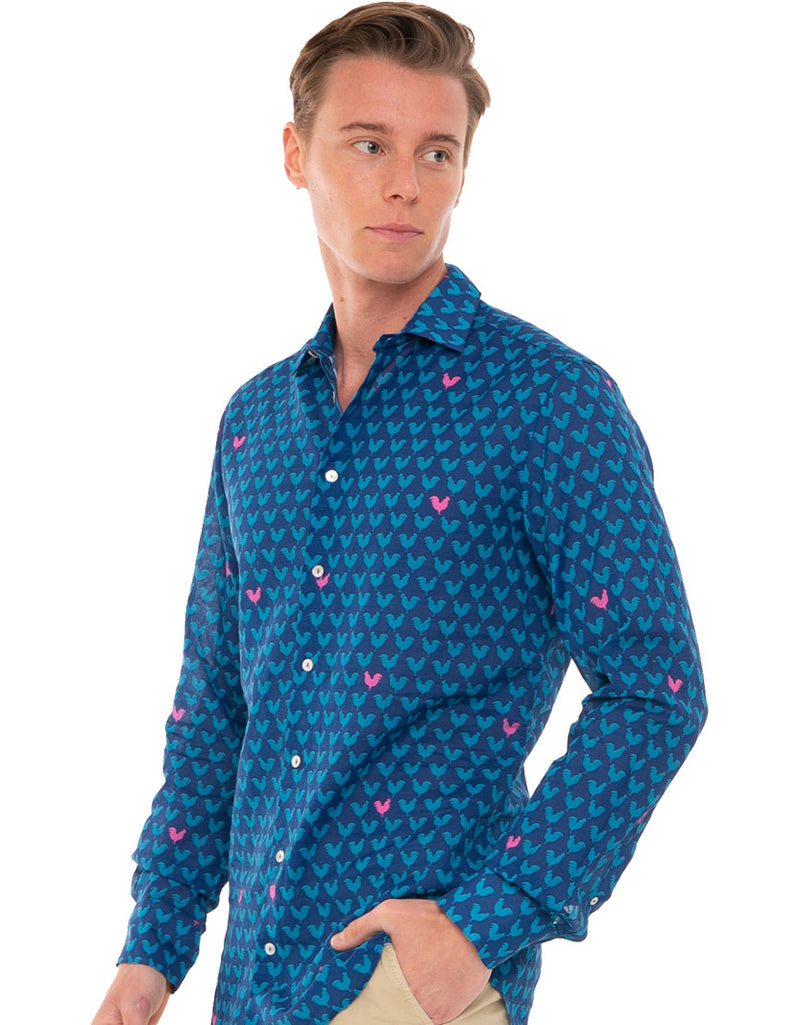 Camicia da uomo Sikelia in mussola di cotone con stampa gallo