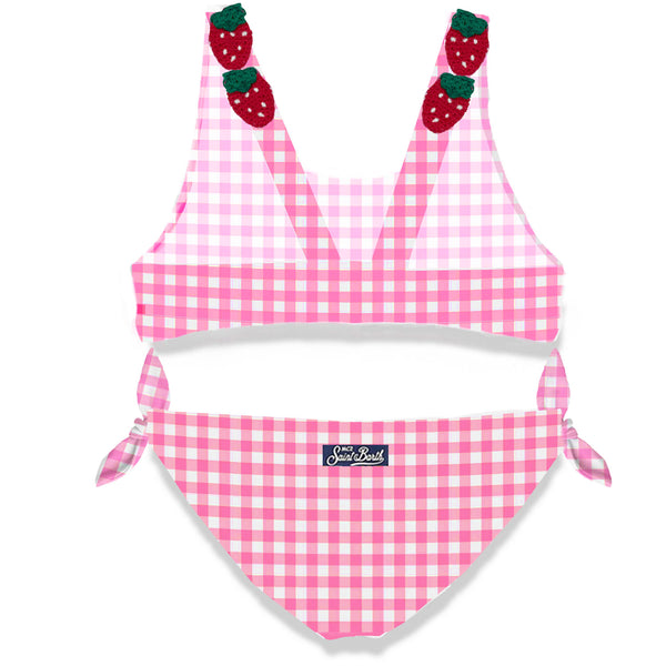 Bikini da bambina stampa vichy rosa con fragola applicata