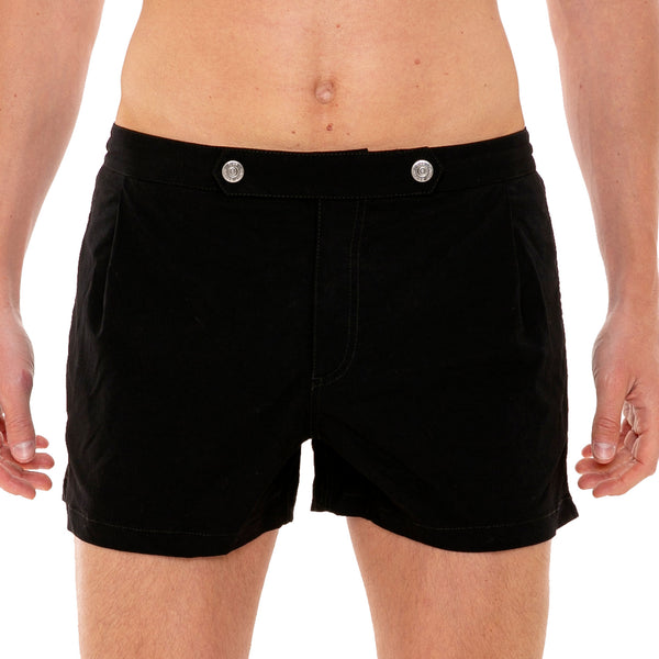 Solid black swim shorts with button front fastening