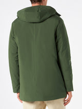 Man hooded parka with military green bandanna print