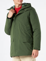 Man hooded parka with military green bandanna print