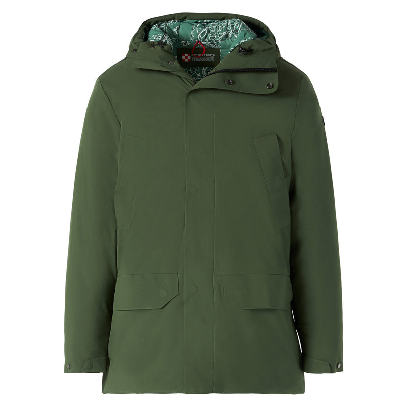 Man hooded parka with military green bandanna print