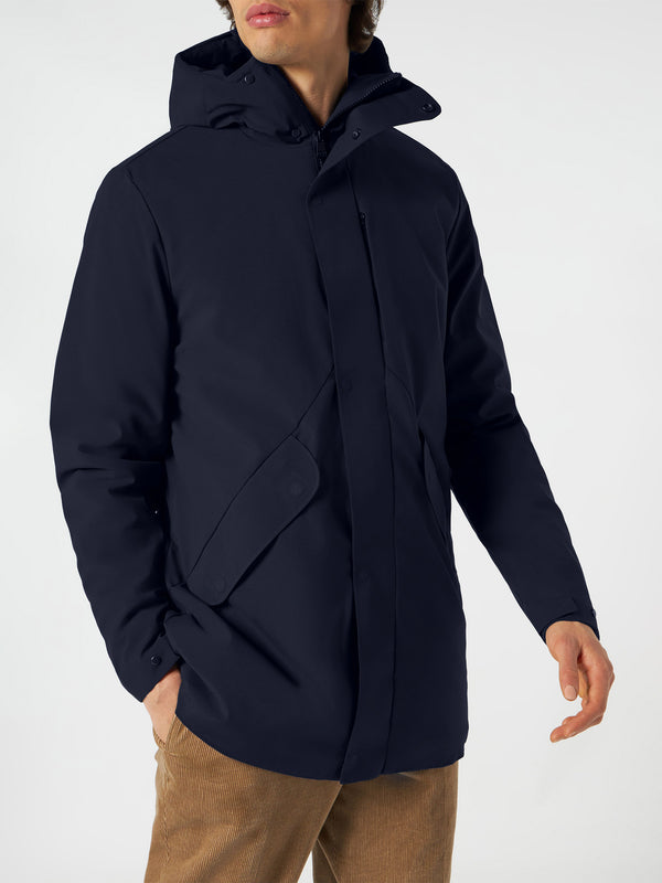 Man hooded blue Voyager parka jacket with sherpa lining