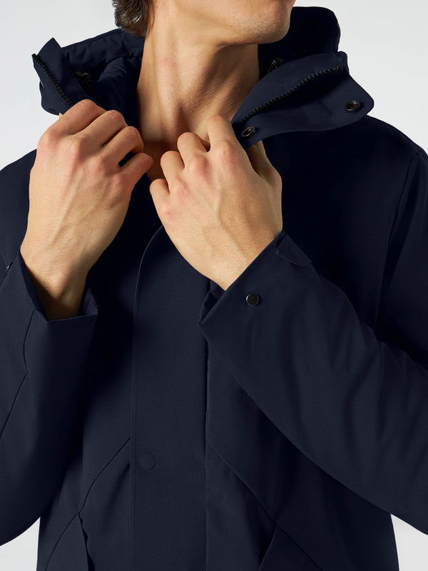 Man hooded blue Voyager parka jacket with sherpa lining