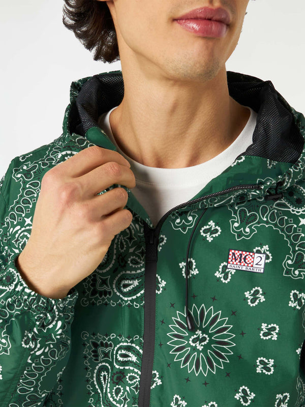 Man hooded lightweight windbreaker with bandanna print