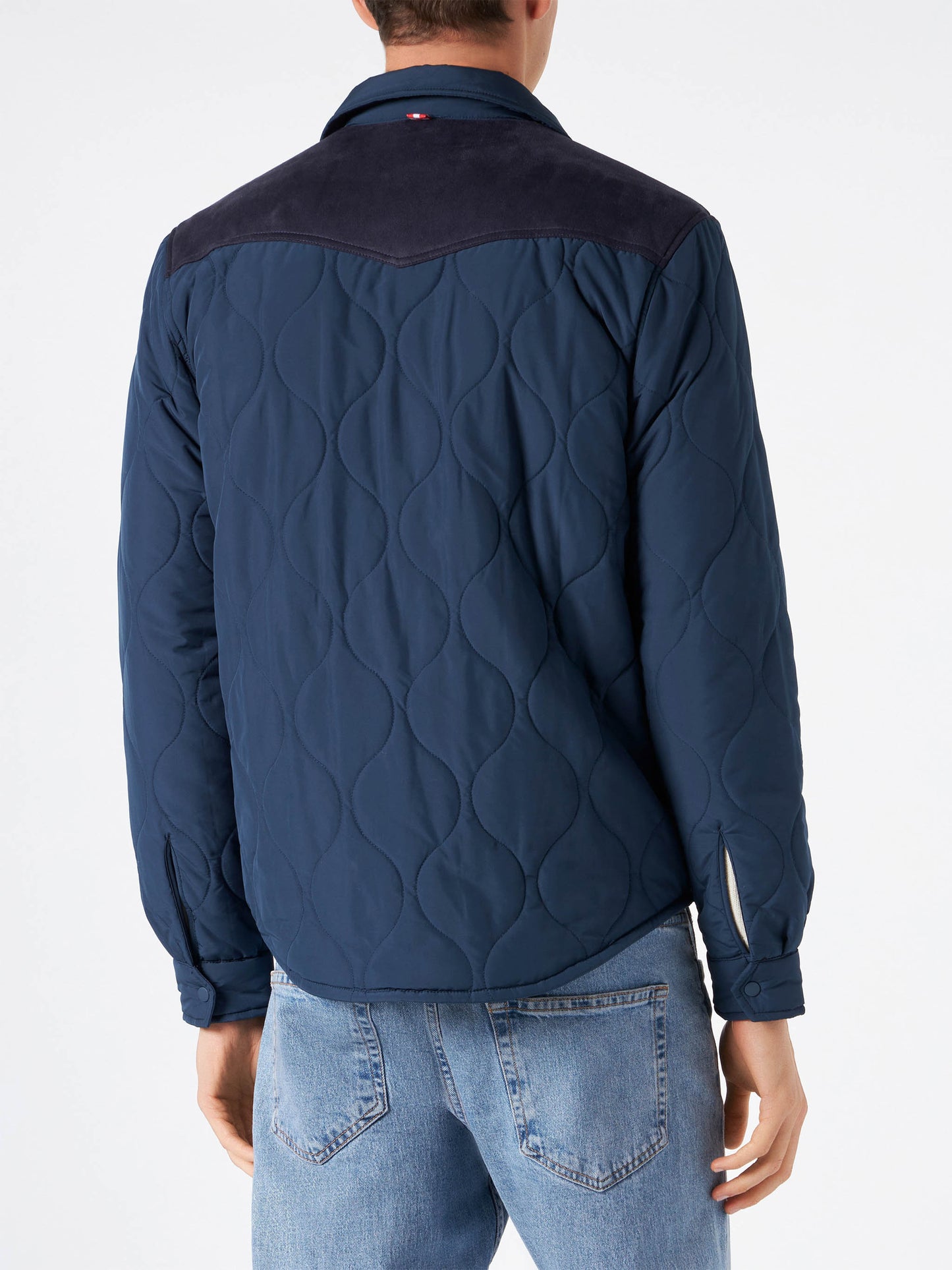 Man navy blue padded overshirt with patch pockets