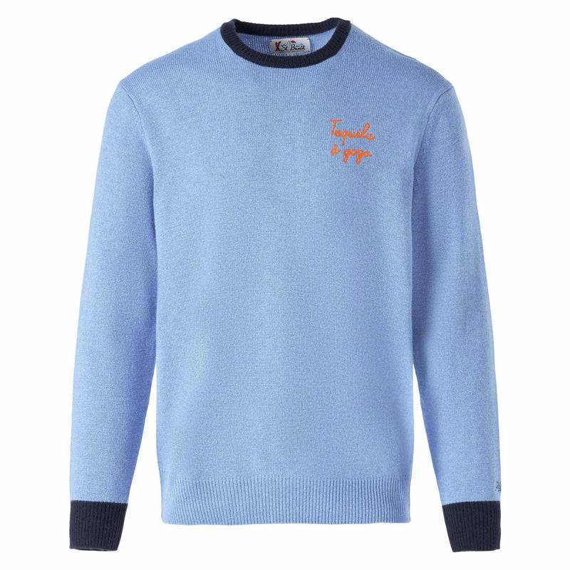 Man light blue sweater with Tequila à gogo embroidery