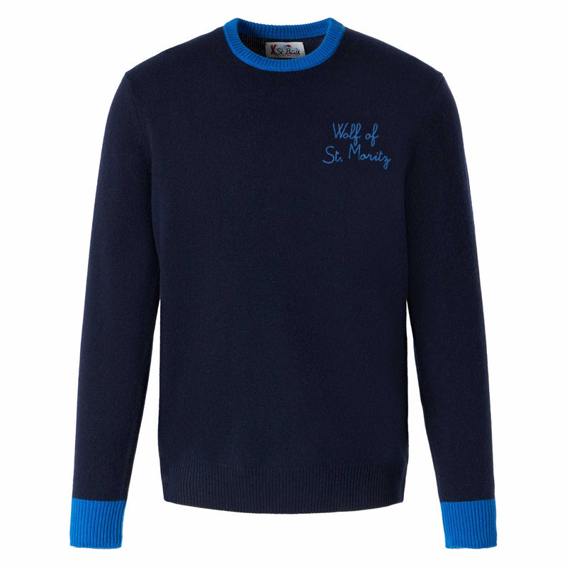 Maglione da uomo blu navy con ricamo Lupo di St. Moritz