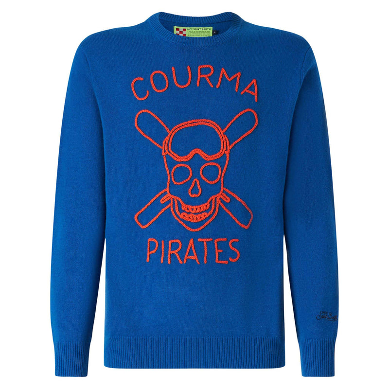 Blauer Herrenpullover mit Courma Pirates-Stickerei