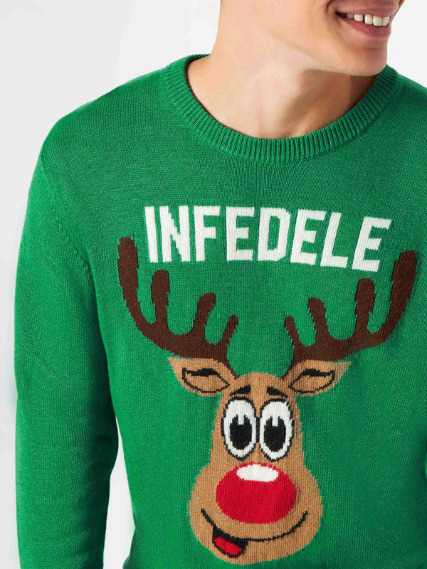 Man green sweater with Infedele print