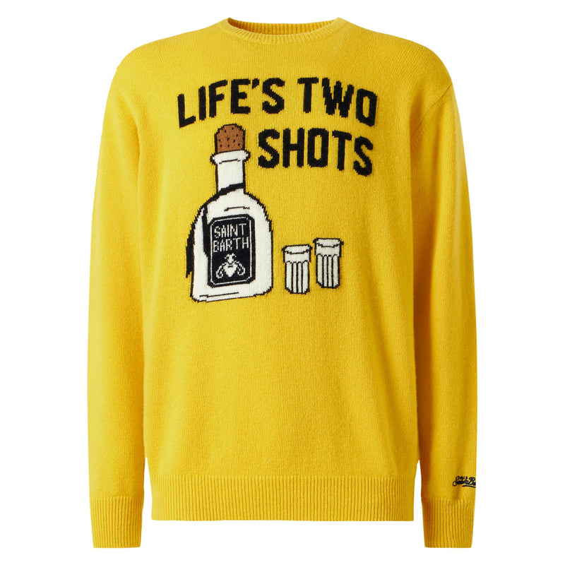 Man yellow sweater with Life's two shots lettering