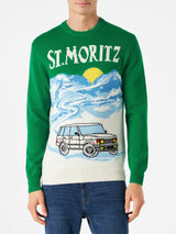 Maglione da uomo verde con stampa cartoline di St.Moritz