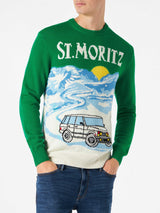 Maglione da uomo verde con stampa cartoline di St.Moritz