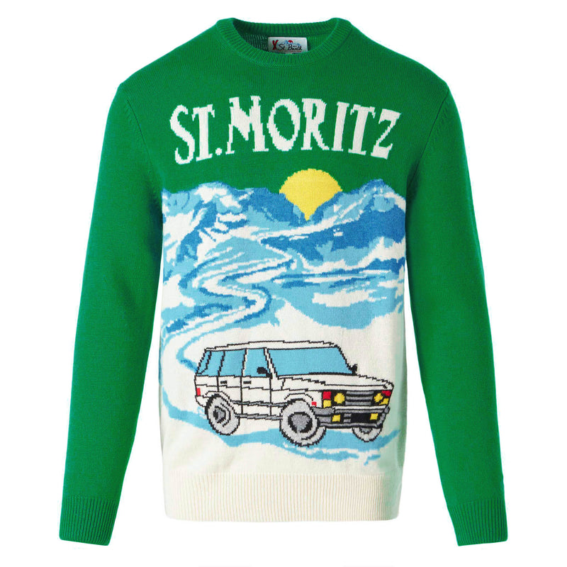 Maglione da uomo verde con stampa cartoline di St.Moritz