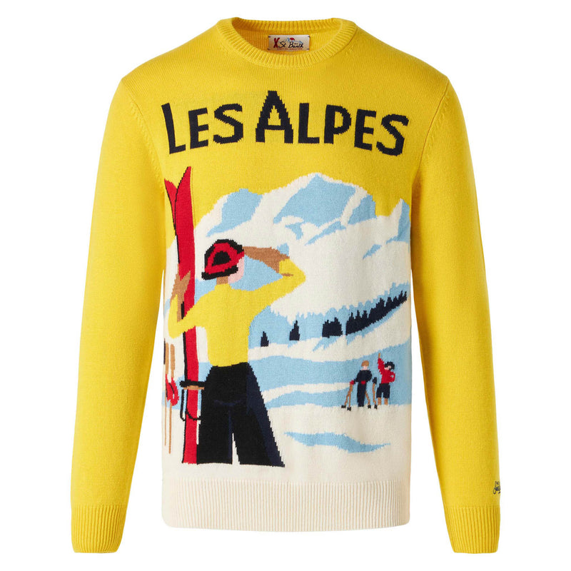 Man sweater with Les Alpes postcard