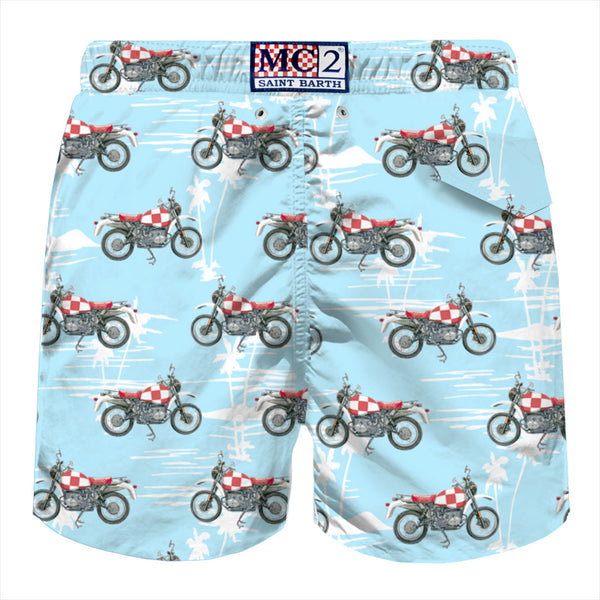 Man light fabric swim shorts with motorbike print