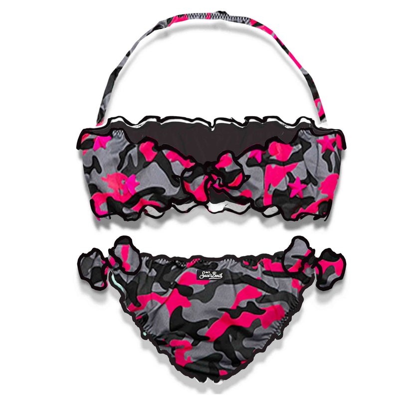 Bikini da bambina a fascia con stampa mimetica fucsia