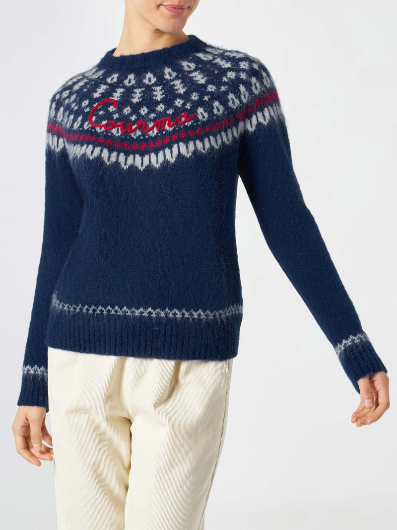 Marineblauer Damen-Pullover aus nordischem Jacquard mit Rundhalsausschnitt