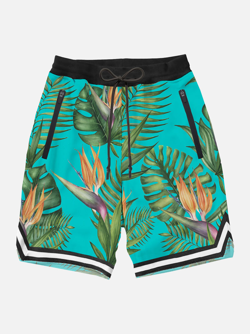 Tropical print swim shorts surf style