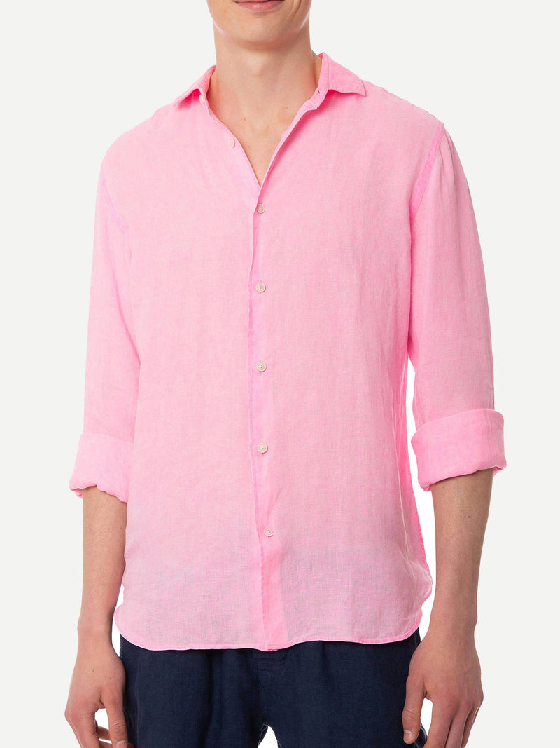 Camicia da uomo Pamplona in lino rosa fluo color acqua