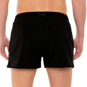Solid black swim shorts with button front fastening