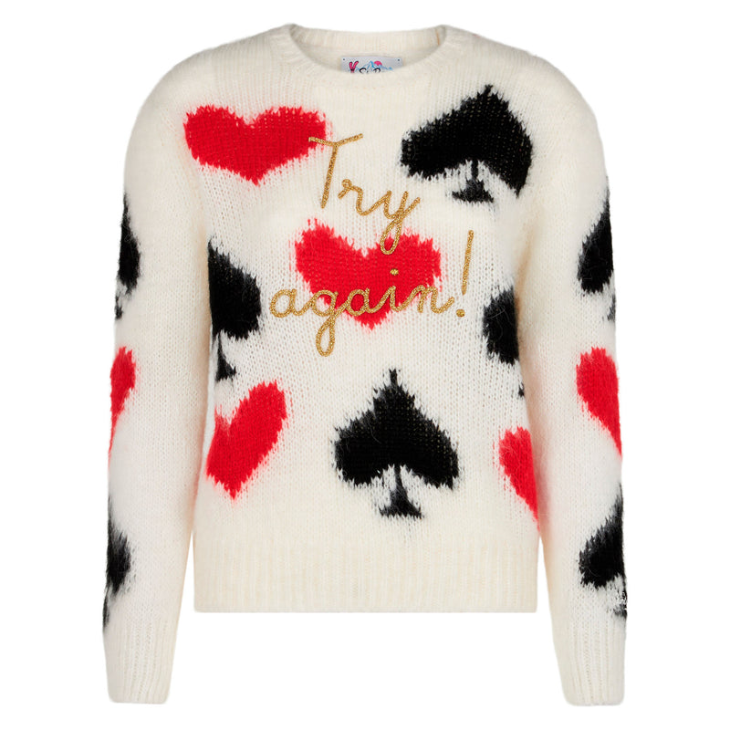 Woman brushed sweater with spades and hearts embroidery