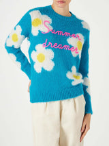 Woman brushed sweater with daisies and Summer dreamer embroidery