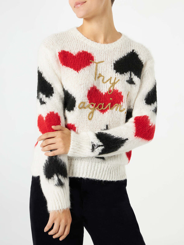 Woman brushed sweater with spades and hearts embroidery