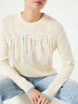 Woman brushed sweater with Saint Barth fringed embroidery