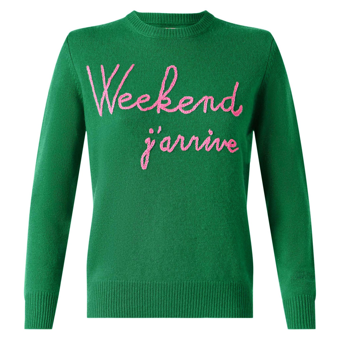 Maglione verde con ricamo Weekend j'arrive rosa fluo