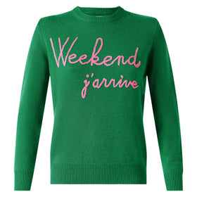 Maglione verde con ricamo Weekend j'arrive rosa fluo