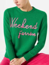 Grüner Pullover „Weekend j'arrive“ mit fluorosa Stickerei