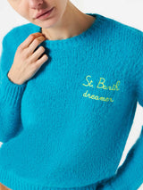 Woman light blue brushed sweater with embroidery