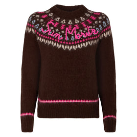 Woman brown crewneck nordic jacquard sweater
