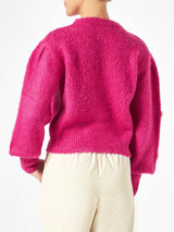 Woman brushed sweater with crochet flowers appliqués