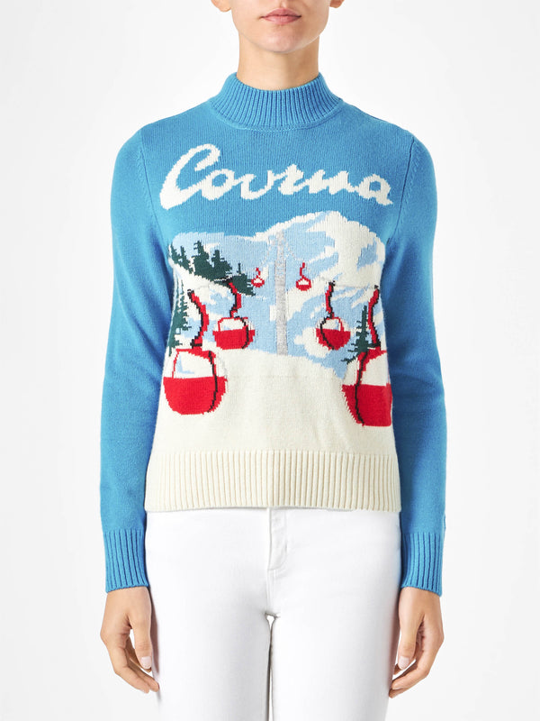 Woman crewneck sweater with Courmayeur postcard