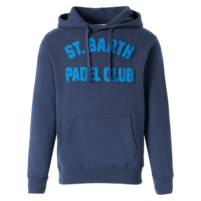 Man navy blue hooded sweatshirt with print