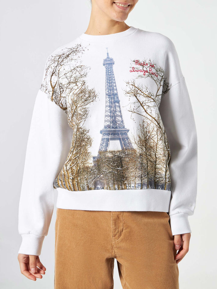 Damen-Fleece-Sweatshirt mit Paris-Postkartendruck