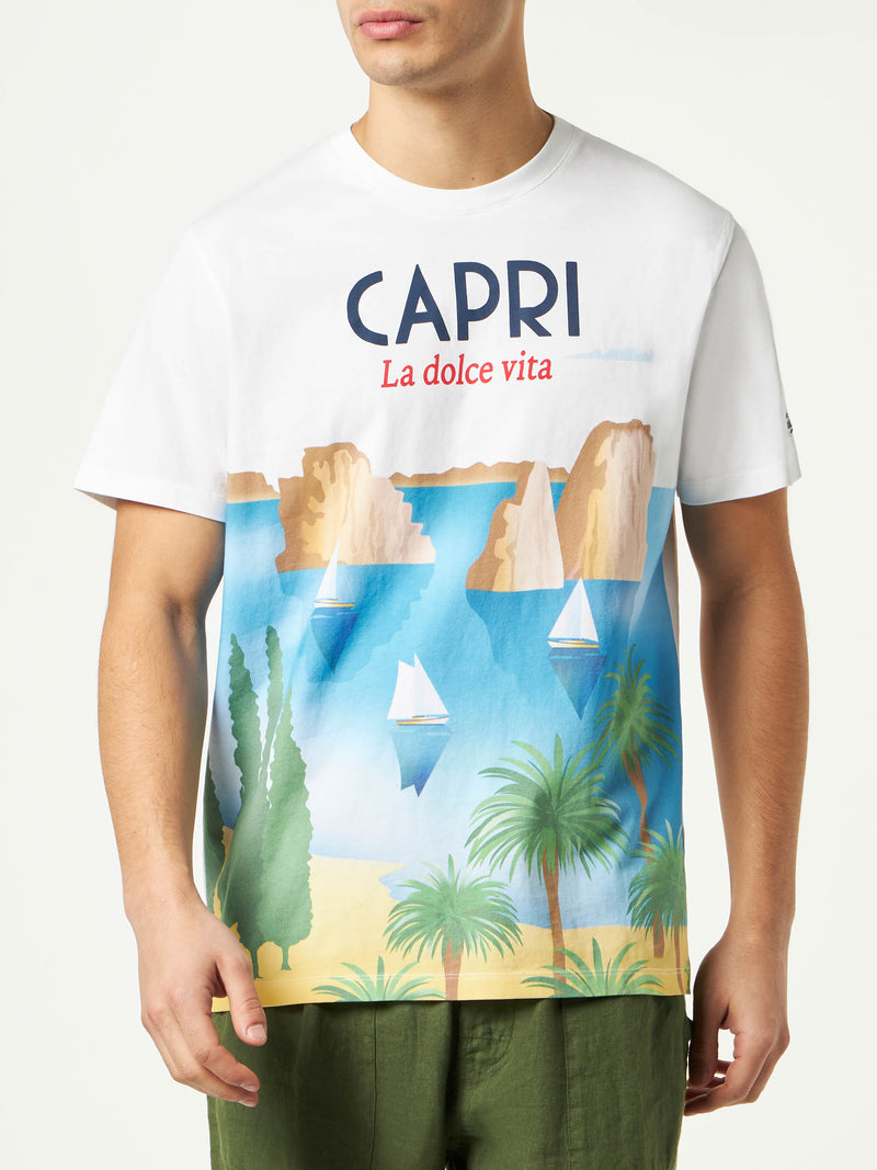 Man cotton t-shirt with Capri postcard print